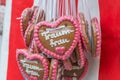 Gingerbread hearts at a folk festival with German words Ã¢â¬â dream woman, Germany